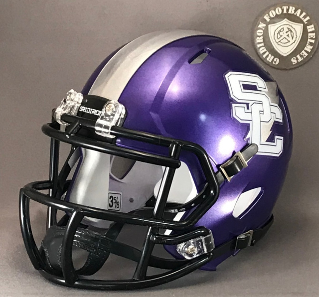 flat purple football helmet Benton Malyn Grace The Guardian Cap redesigned with the same materials and performance but a sleeker look Stuart W Cramer Storm HS